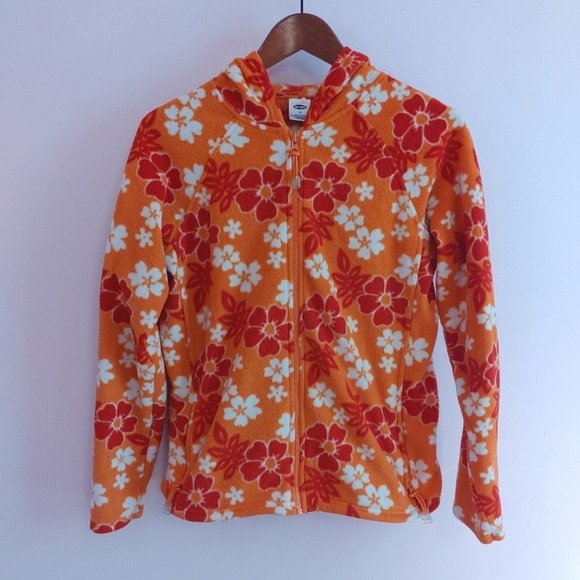 (2 for $15) Old Navy orange floral zip up hooded fleece girl's size 16 - Picture 1 of 6
